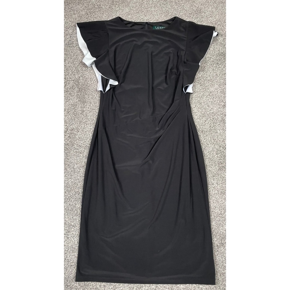 Lauren Ralph Lauren Dress Womens 6 Black Ruffle‎ Flutter Stretch LBD Classic